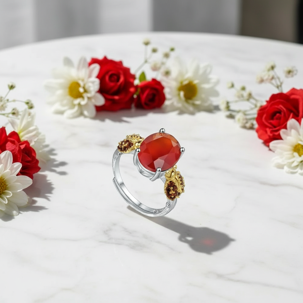 Bague ajustable GRACE en argent sterling avec agate rouge ovale et quartz fumé et coccinelle