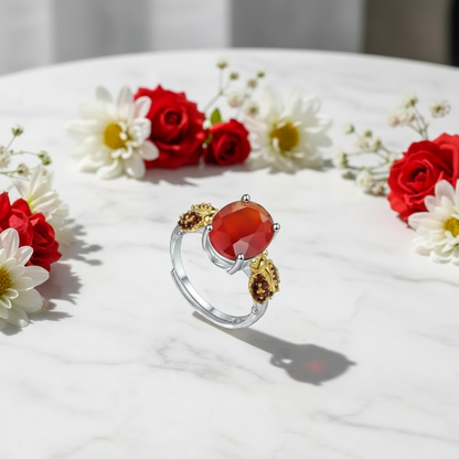 Bague ajustable GRACE en argent sterling avec agate rouge ovale et quartz fumé et coccinelle
