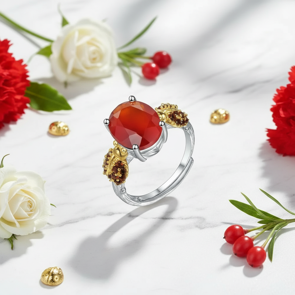 Bague ajustable GRACE en argent sterling avec agate rouge ovale et quartz fumé et coccinelle