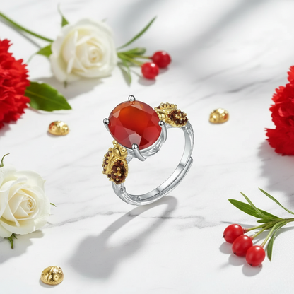 Bague ajustable GRACE en argent sterling avec agate rouge ovale et quartz fumé et coccinelle