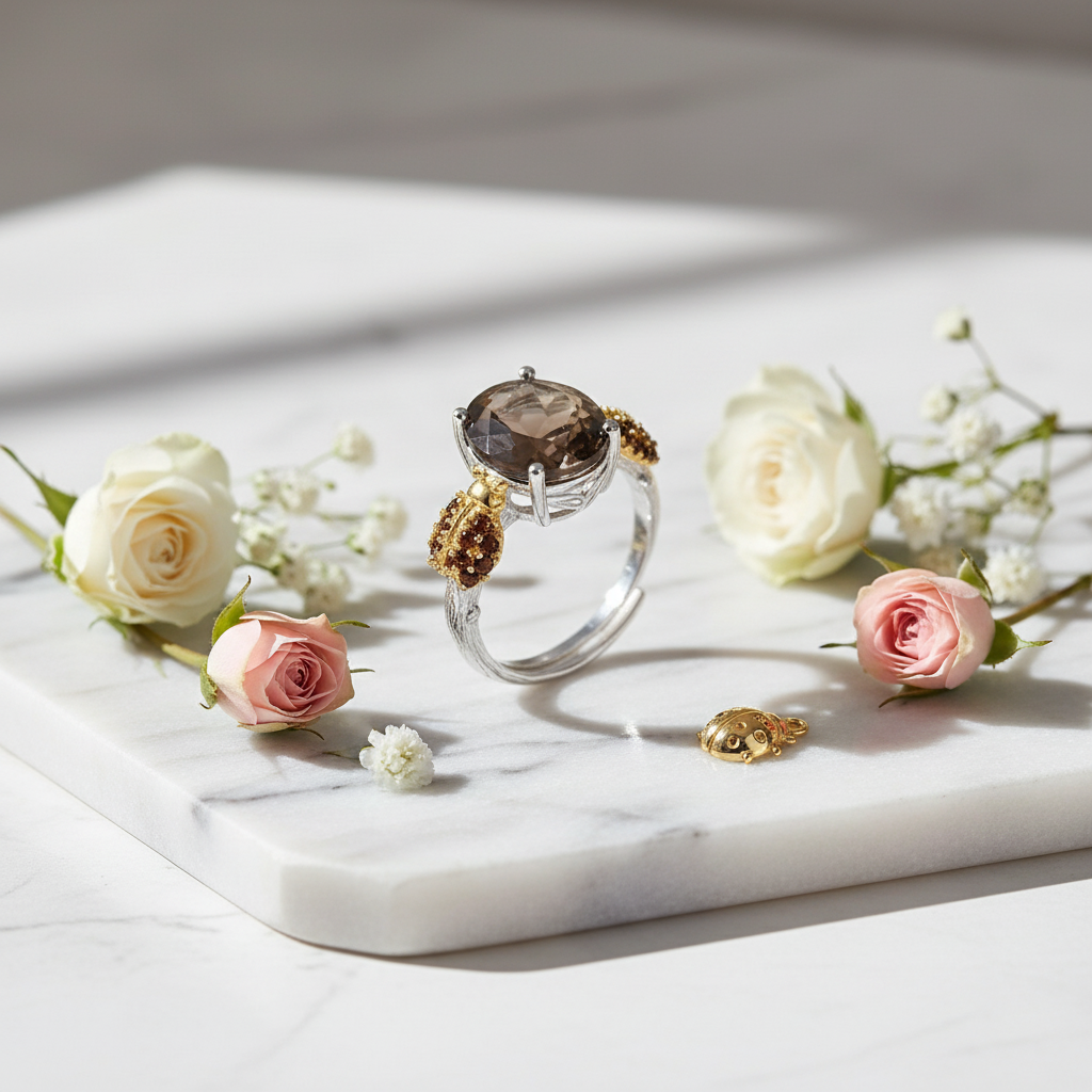 Bague ajustable GRACE en argent sterling avec agate rouge ovale et quartz fumé et coccinelle