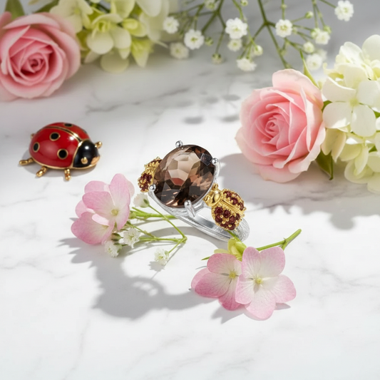 GRACE Oval Smoky Quartz Ladybug Adjustable Ring in Sterling Silver