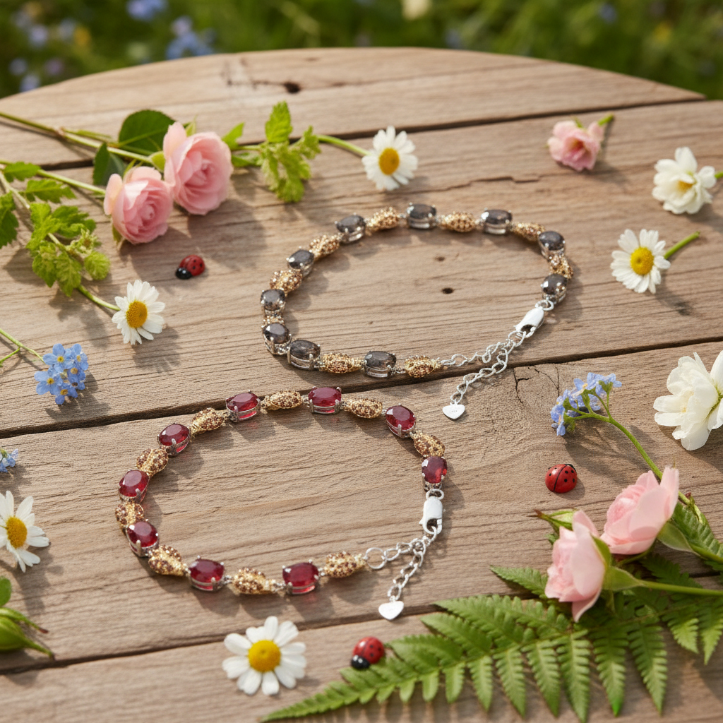 GRACE Oval Red Agate Ladybug Bracelet in Sterling Silver