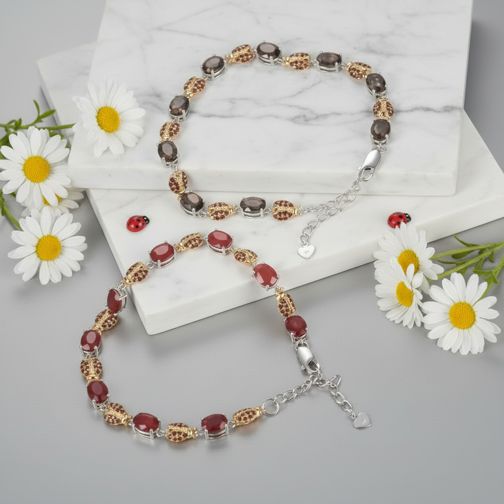 GRACE Oval Red Agate Ladybug Bracelet in Sterling Silver
