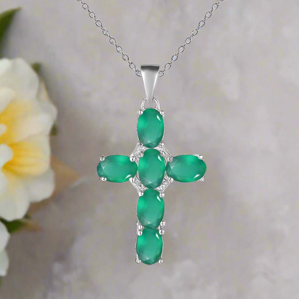 GRACE Oval Gemstone Cross Necklace in Sterling Silver