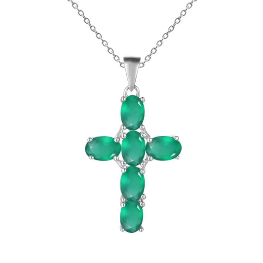 GRACE Oval Green Agate Multi-Stone Cross Necklace in Sterling Silver
