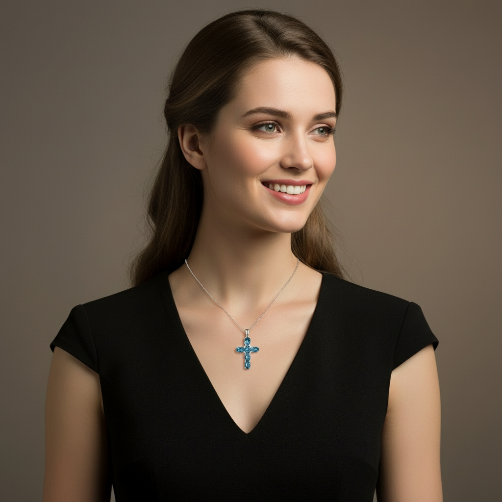 GRACE Oval Multi-Stone Cross Necklace in Sterling Silver