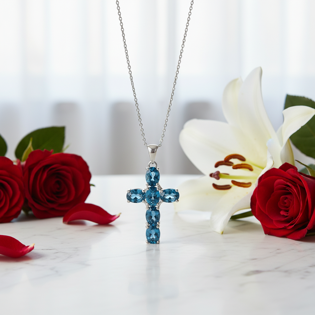 GRACE Oval Multi-Stone Cross Necklace in Sterling Silver
