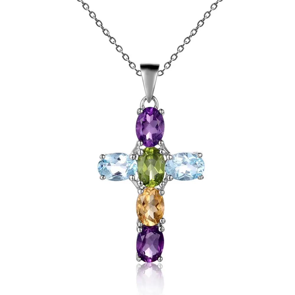 GRACE Oval Mixed Gemstone Multi-Stone Cross Necklace in Sterling Silver