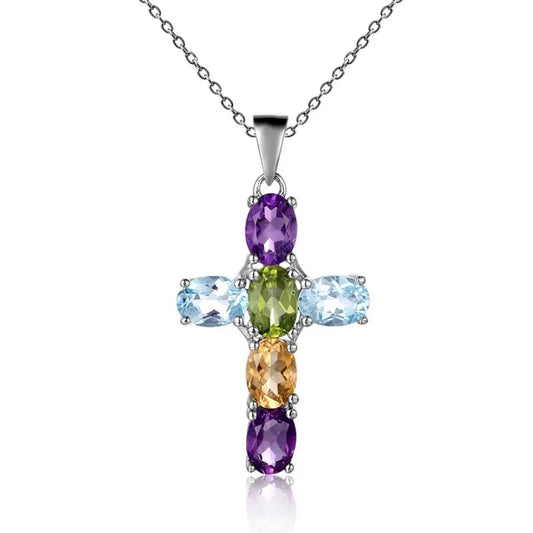 GRACE Oval Mixed Gemstone Multi-Stone Cross Necklace in Sterling Silver