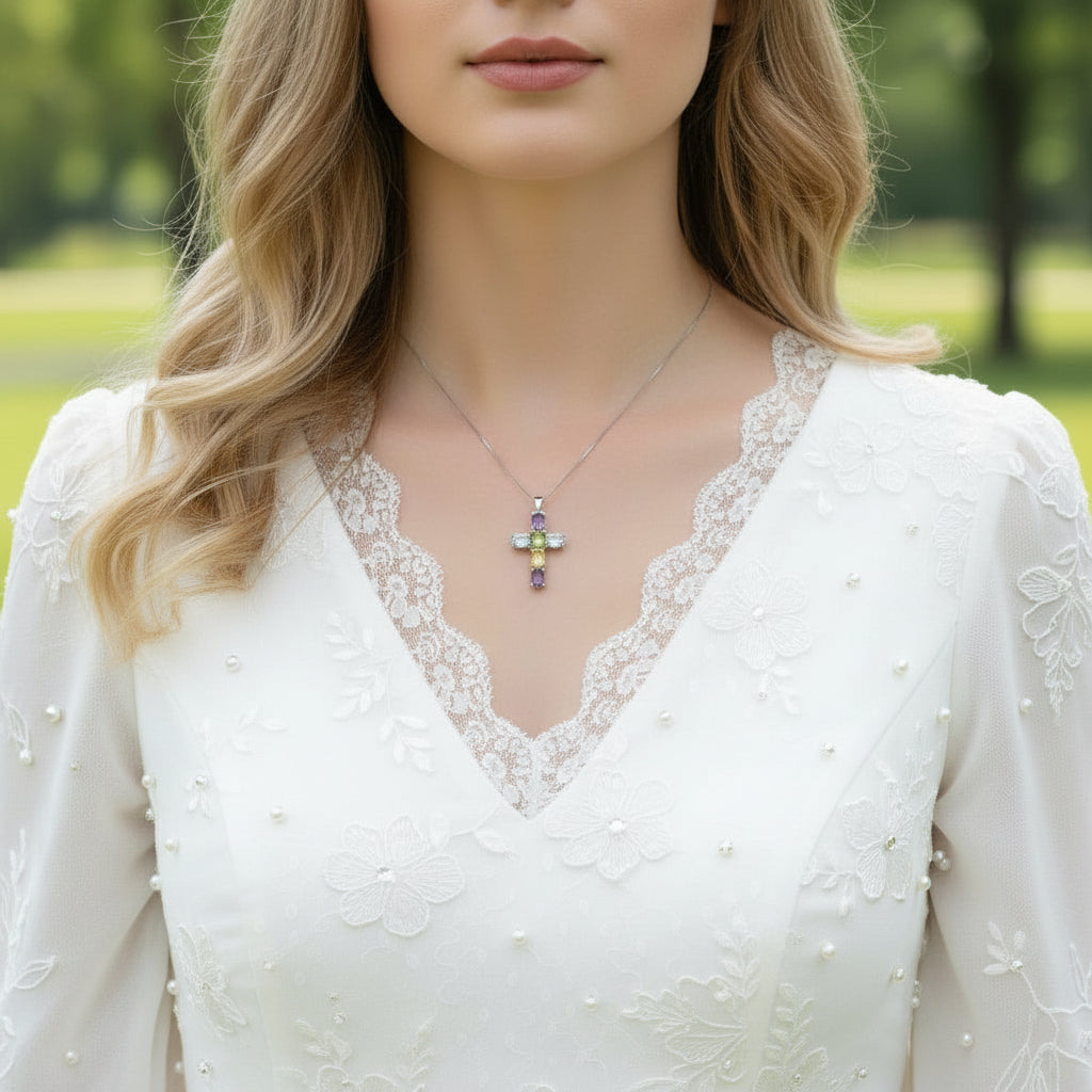 GRACE Oval Multi-Stone Cross Necklace in Sterling Silver