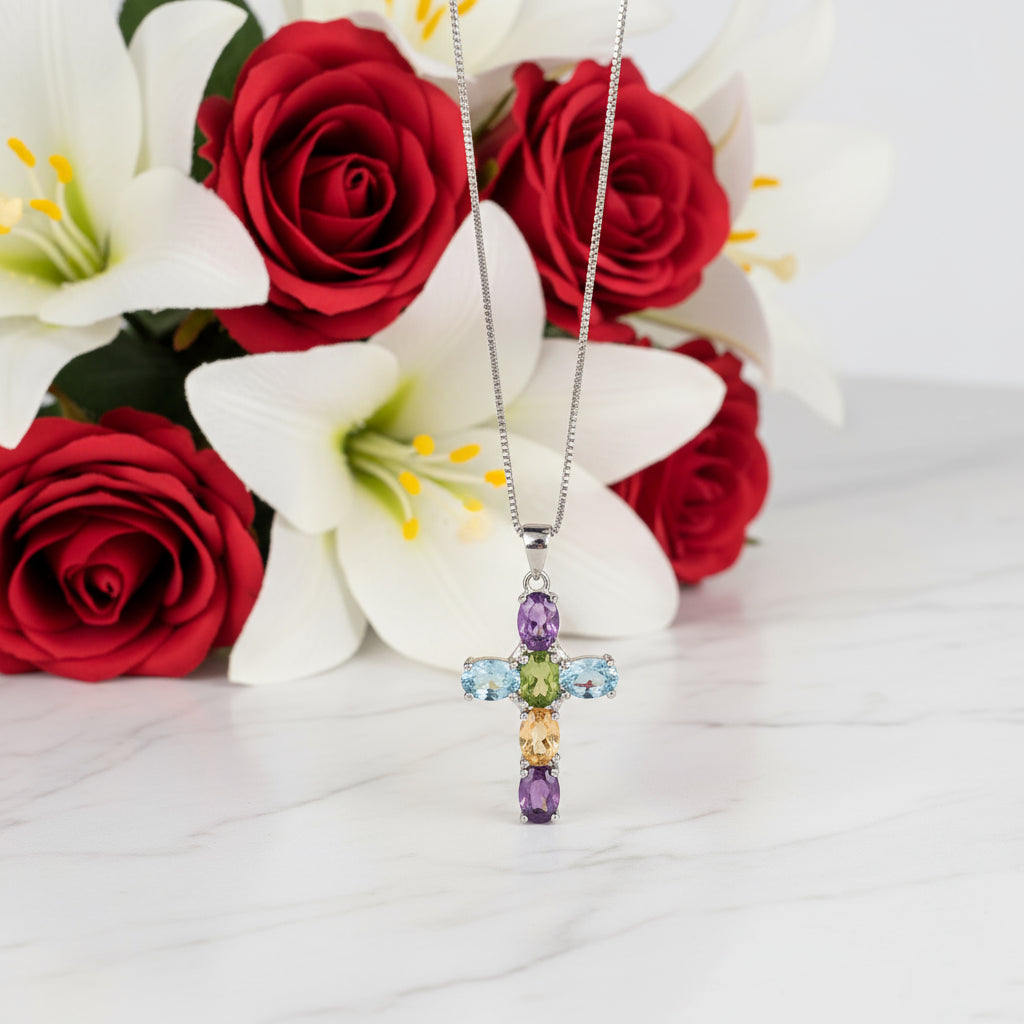 GRACE Oval Multi-Stone Cross Necklace in Sterling Silver