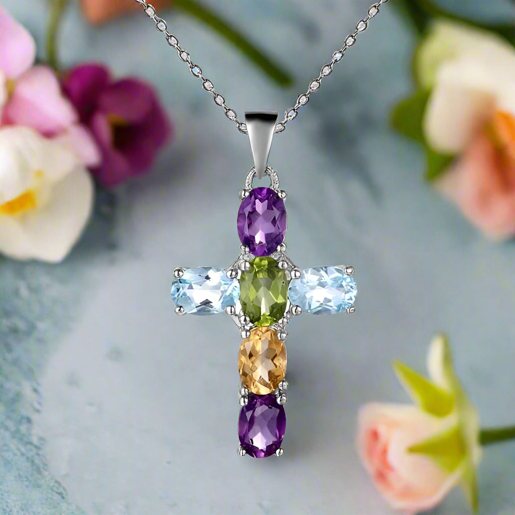 GRACE Oval Multi-Stone Cross Necklace in Sterling Silver