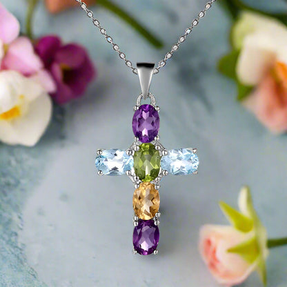 GRACE Oval Mixed Gemstone Multi-Stone Cross Necklace in Sterling Silver