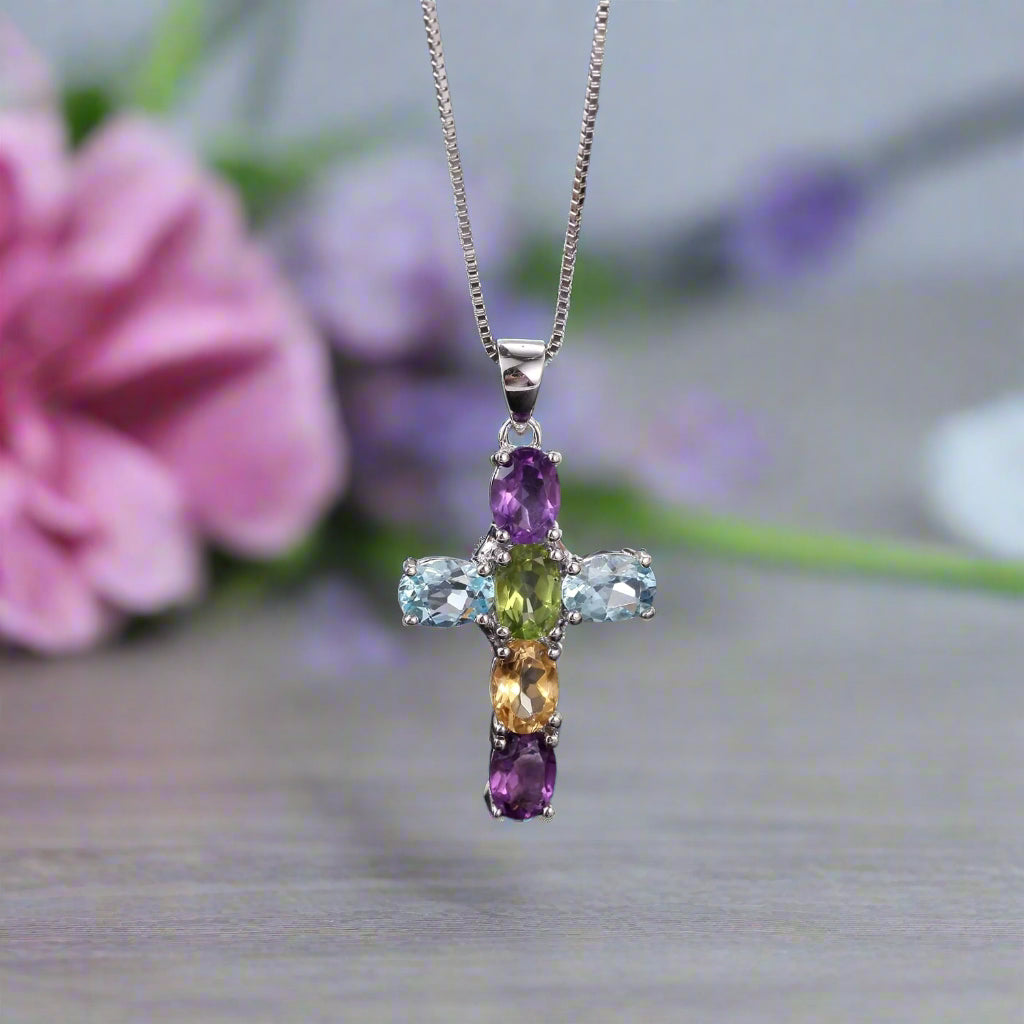 GRACE Oval Multi-Stone Cross Necklace in Sterling Silver