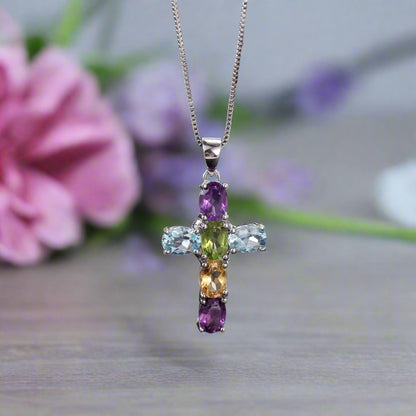 GRACE Oval Mixed Gemstone Multi-Stone Cross Necklace in Sterling Silver