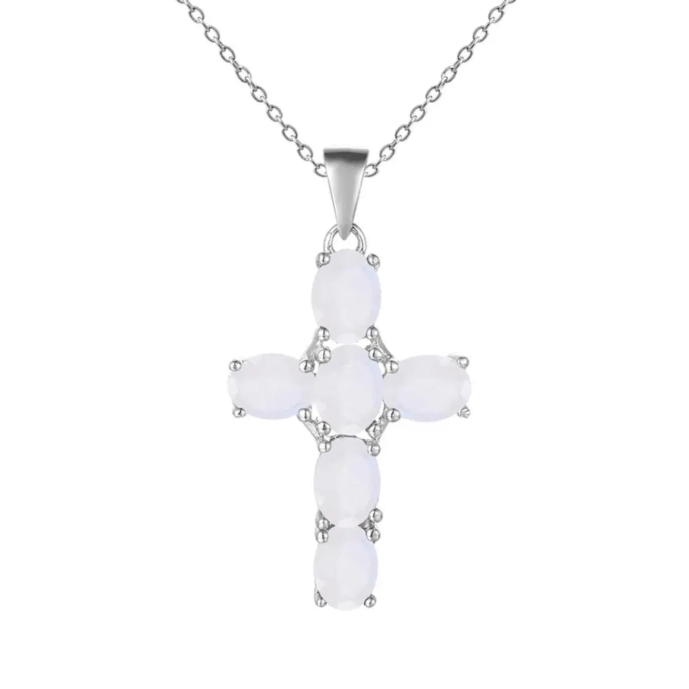 GRACE Oval Multi-Stone Cross Necklace in Sterling Silver