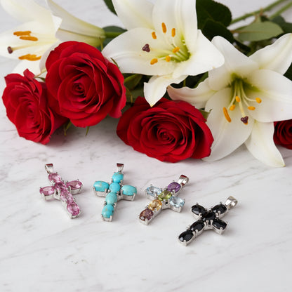 GRACE Oval Red Garnet Multi-Stone Cross Necklace in Sterling Silver