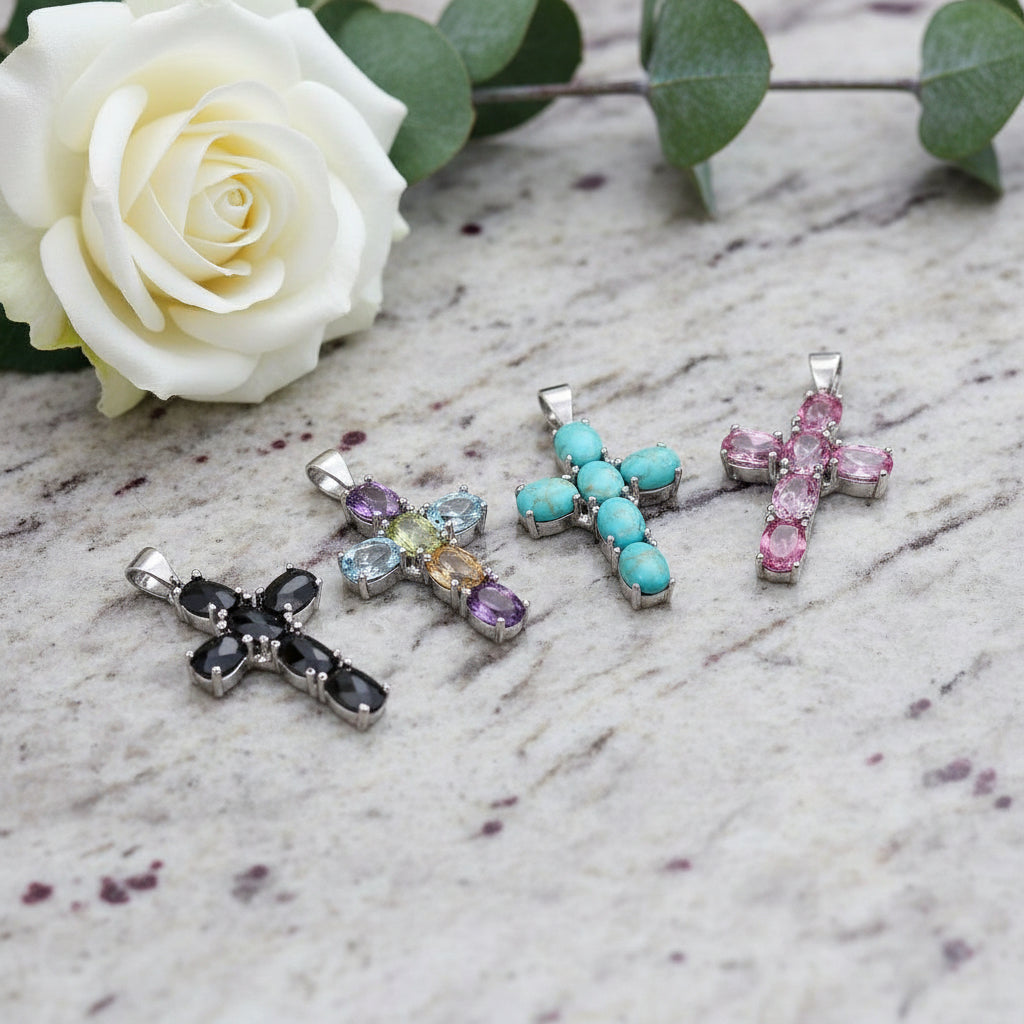 GRACE Oval Multi-Stone Cross Necklace in Sterling Silver