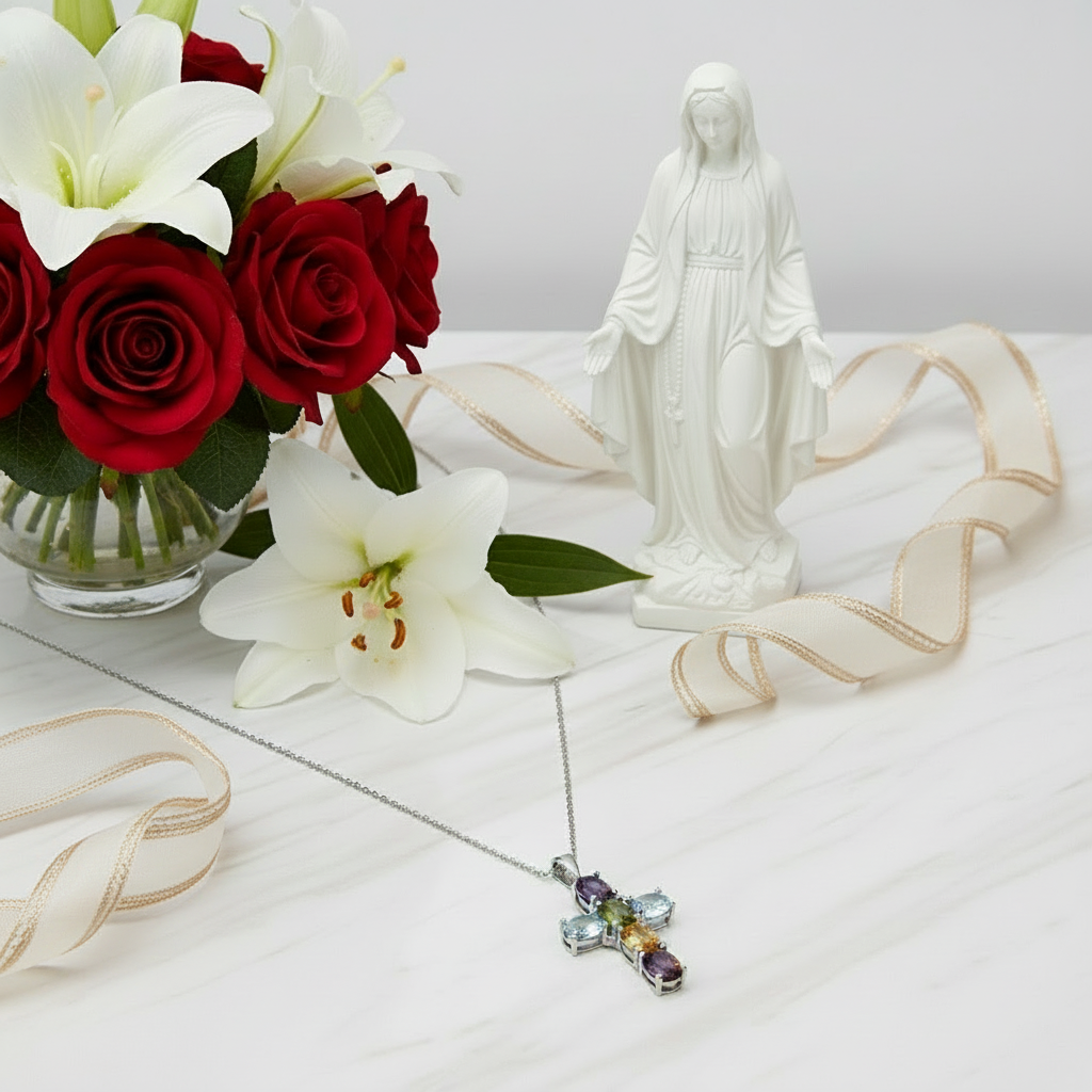 GRACE Oval Multi-Stone Cross Necklace in Sterling Silver