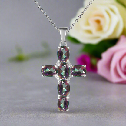 GRACE Oval Gemstone Cross Necklace in Sterling Silver
