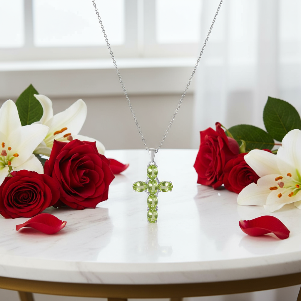 GRACE Oval Multi-Stone Cross Necklace in Sterling Silver