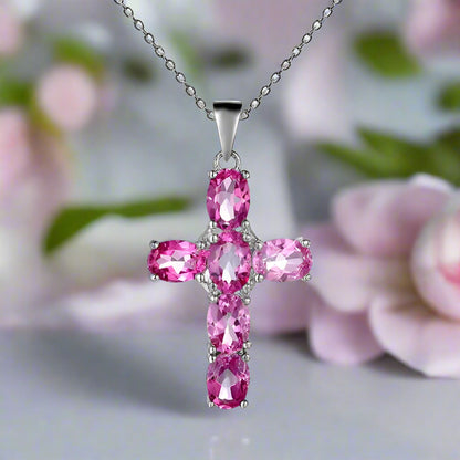 GRACE Oval Gemstone Cross Necklace in Sterling Silver