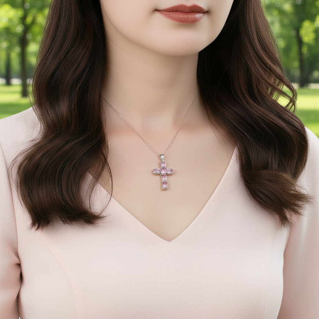 GRACE Oval Multi-Stone Cross Necklace in Sterling Silver