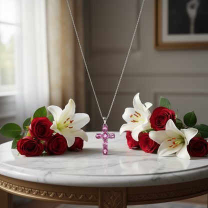 GRACE Oval Multi-Stone Cross Necklace in Sterling Silver