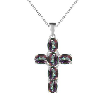 GRACE Oval Multi-Stone Cross Necklace in Sterling Silver