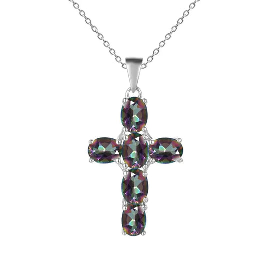GRACE Oval Rainbow Quartz Multi-Stone Cross Necklace in Sterling Silver