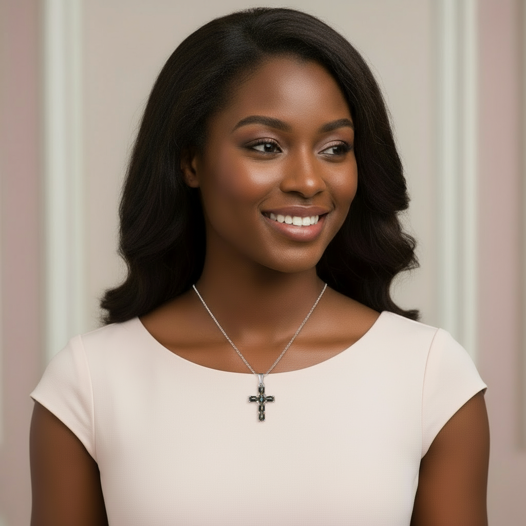 GRACE Oval Multi-Stone Cross Necklace in Sterling Silver