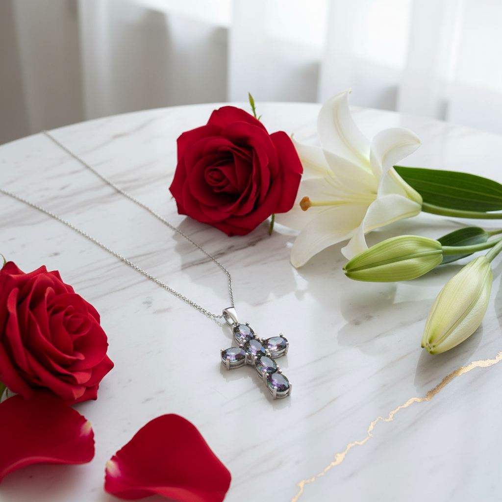 GRACE Oval Multi-Stone Cross Necklace in Sterling Silver