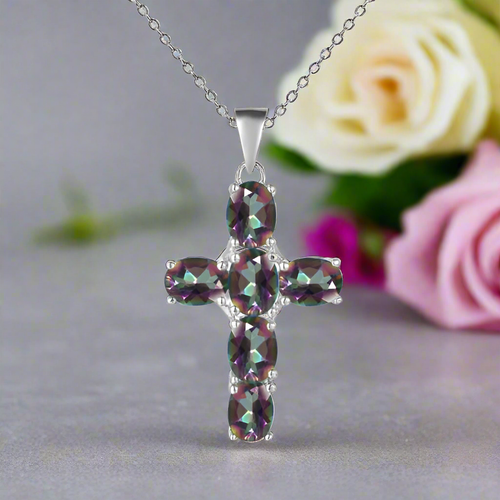 GRACE Oval Multi-Stone Cross Necklace in Sterling Silver