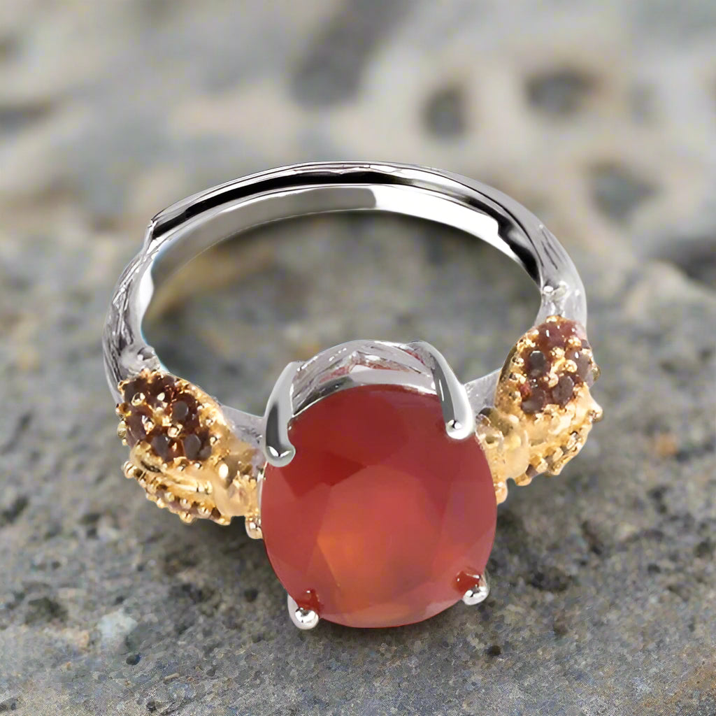 GRACE Oval Red Agate Smoky Quartz Ladybug Adjustable Ring in Sterling Silver