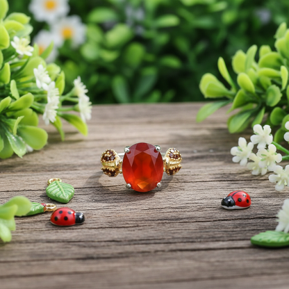 GRACE Oval Gemstone Ladybug Adjustable Ring in Sterling Silver