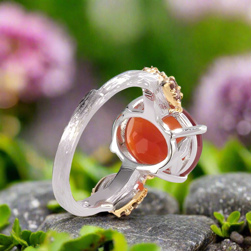 GRACE Oval Red Agate Smoky Quartz Ladybug Adjustable Ring in Sterling Silver