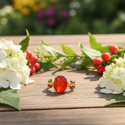 GRACE Oval Gemstone Ladybug Adjustable Ring in Sterling Silver