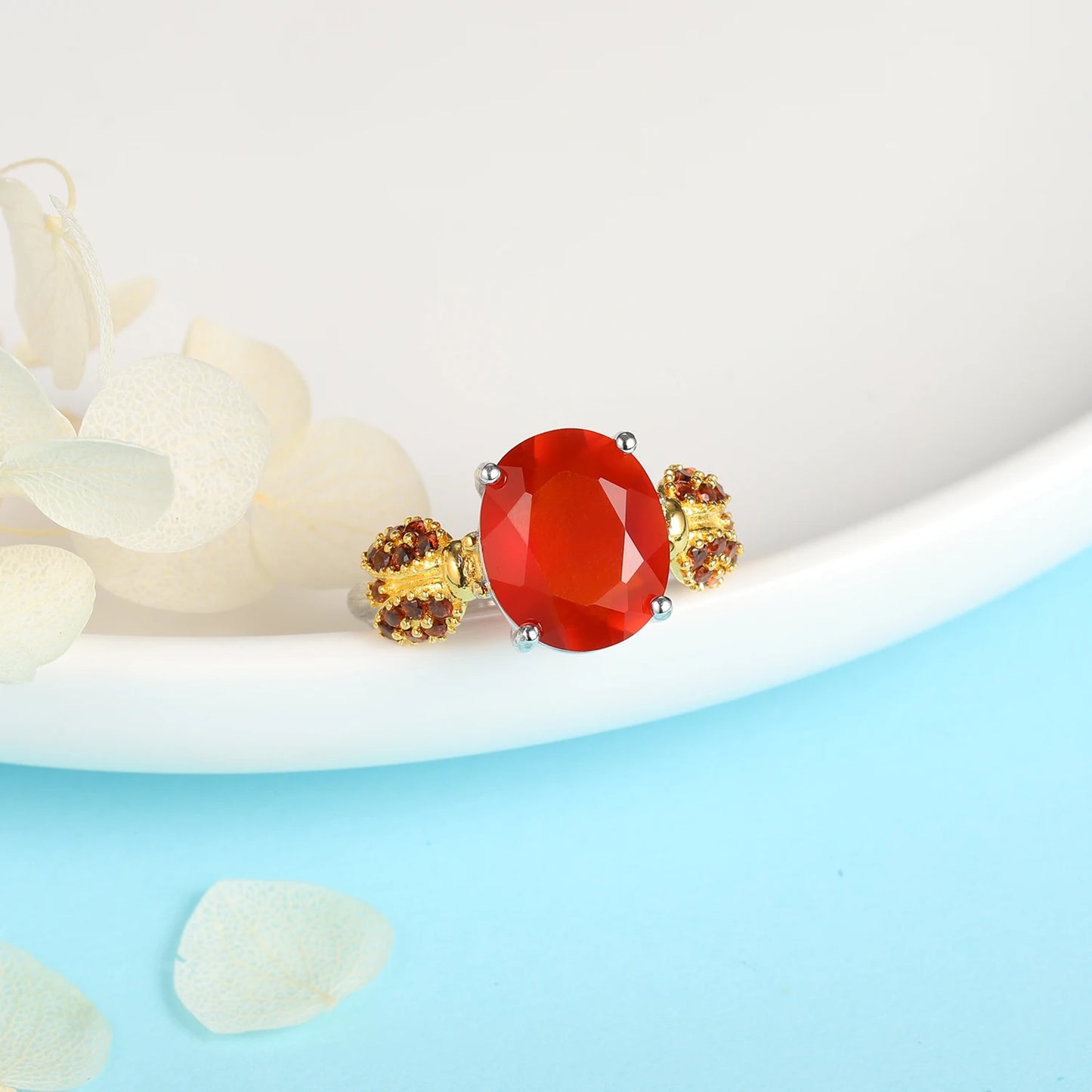 GRACE Oval Red Agate Smoky Quartz Ladybug Adjustable Ring in Sterling Silver