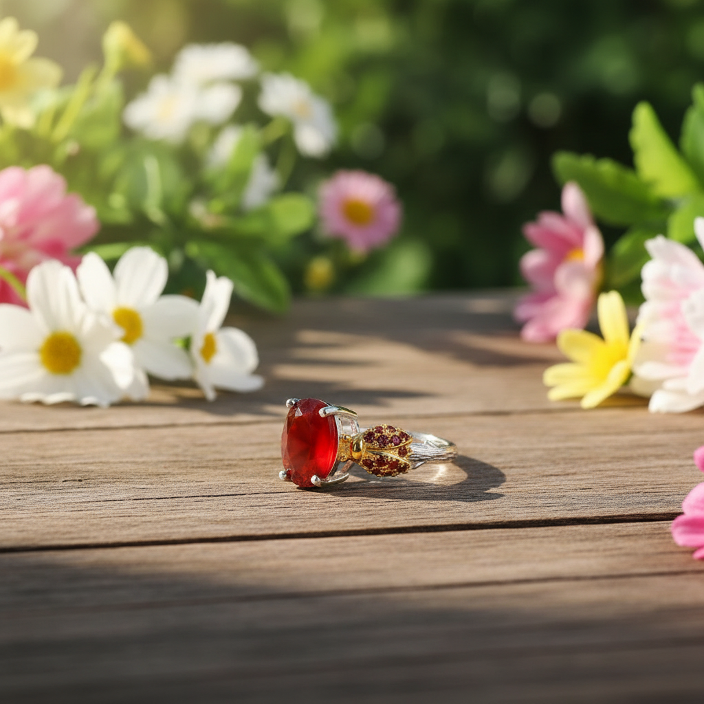 GRACE Oval Gemstone Ladybug Adjustable Ring in Sterling Silver