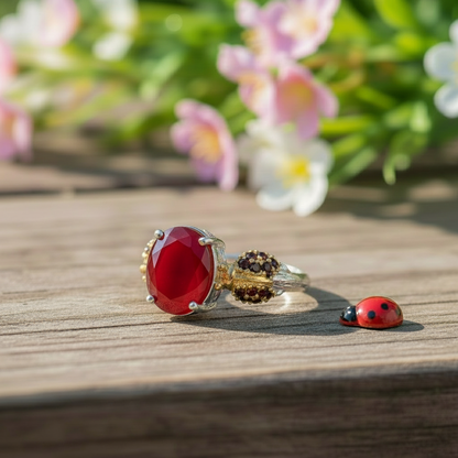 GRACE Oval Gemstone Ladybug Adjustable Ring in Sterling Silver