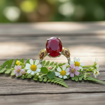 GRACE Oval Gemstone Ladybug Adjustable Ring in Sterling Silver