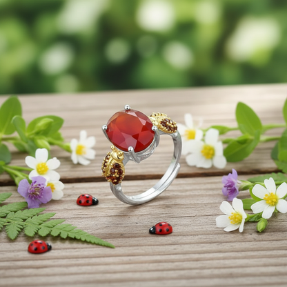 GRACE Oval Gemstone Ladybug Adjustable Ring in Sterling Silver