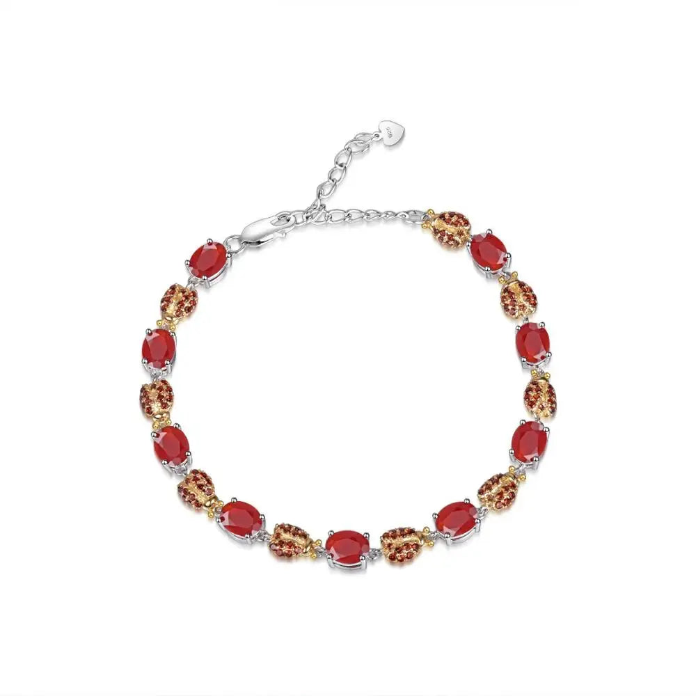 GRACE Oval Red Agate Ladybug Bracelet in Sterling Silver