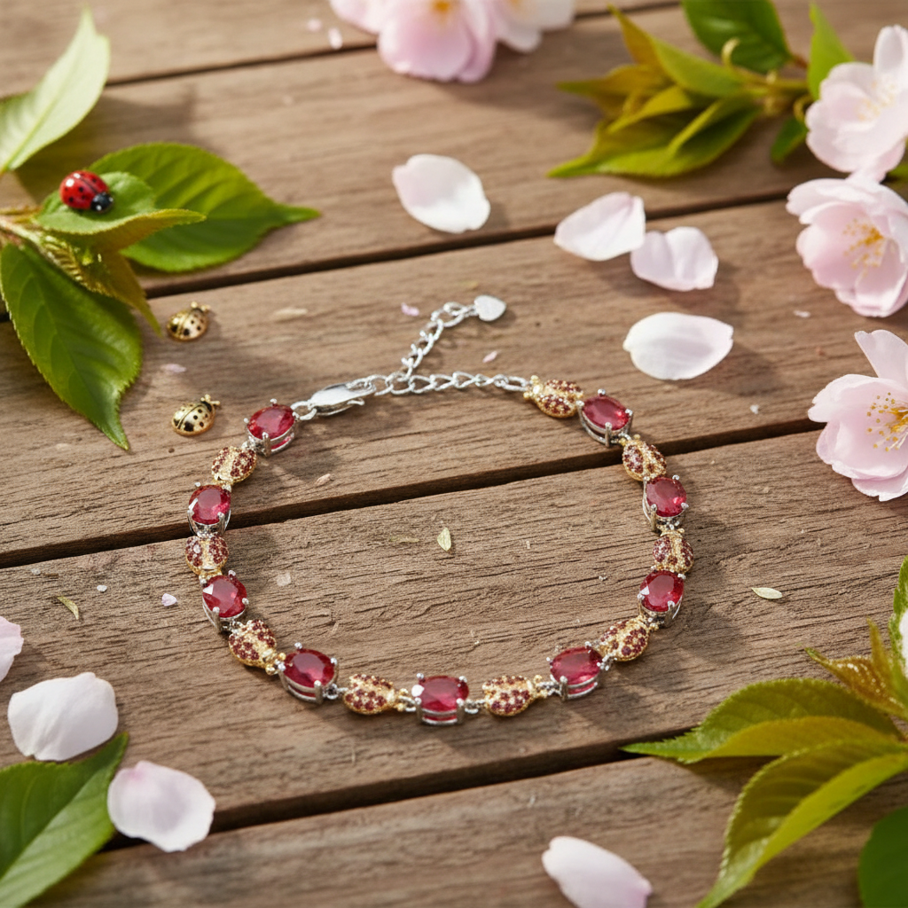 GRACE Oval Red Agate Ladybug Bracelet in Sterling Silver