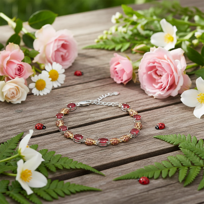 GRACE Oval Red Agate Ladybug Bracelet in Sterling Silver