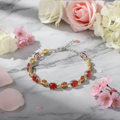GRACE Oval Red Agate Ladybug Bracelet in Sterling Silver