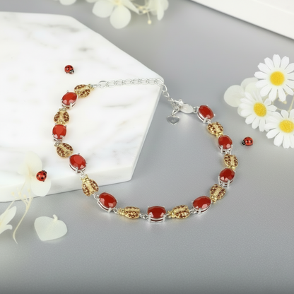 GRACE Oval Red Agate Ladybug Bracelet in Sterling Silver