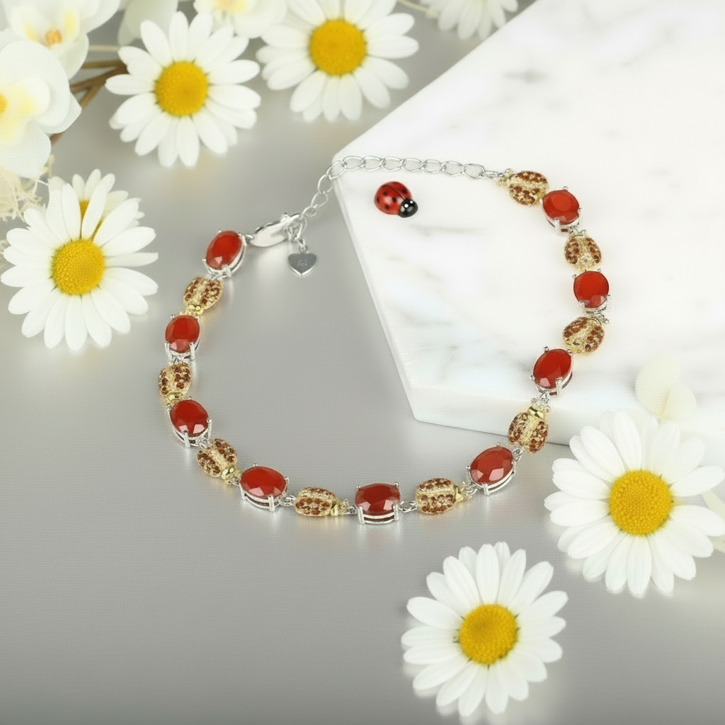 GRACE Oval Red Agate Ladybug Bracelet in Sterling Silver