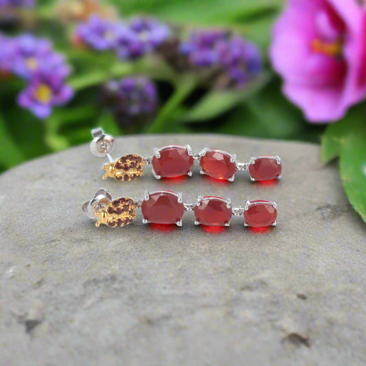 GRACE Oval Red Agate Ladybug Drop Earrings in Sterling Silver